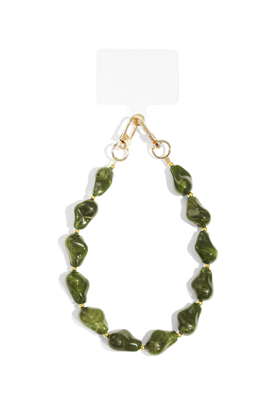 Legergroen chunky telefoonkoord met marble kralen en gouden sluitingen