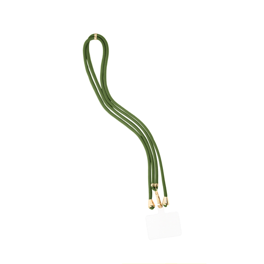 Legergroen lang telefoonkoord rope met goudkleurige details en crossbody draagfunctie