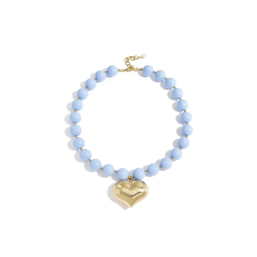 Lichtblauwe grote kralenketting gouden chubby hart