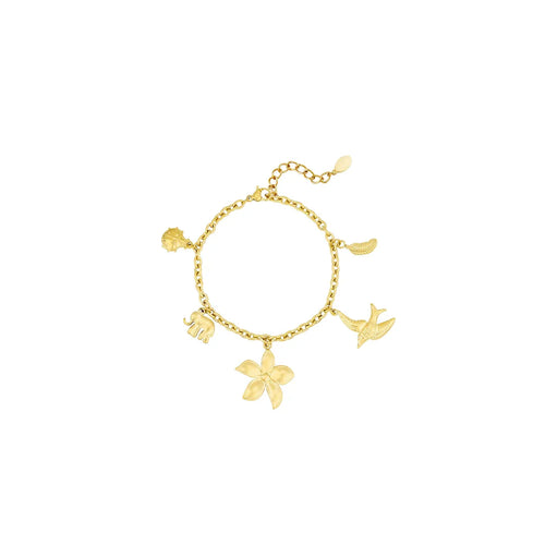 Gouden bedel armband met lieveheersbeestje olifant bloem vogel blad