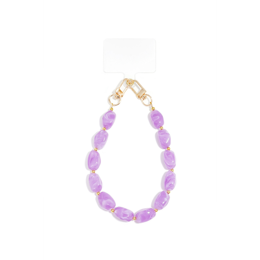 Lila kralen telefoonkoord met goudkleurige clips en ovale kralen.
