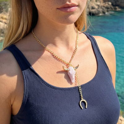 Schakelketting goud met longhorn en hoefijzer