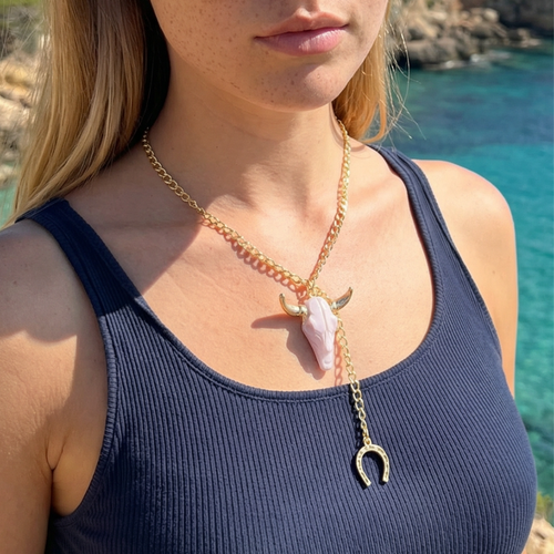 Schakelketting goud met longhorn en hoefijzer