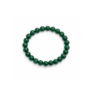 Malachiet natuursteen kralenarmband met diepgroene kralen en natuurlijke patronen op witte achtergrond.