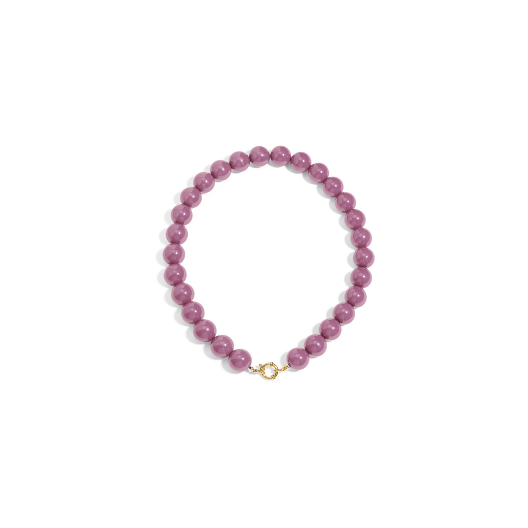 Donker paarse grote kralen ketting met goudkleurig boeislot voor dames.