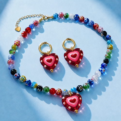 Millefiori glazen hart set | ketting en oorbellen