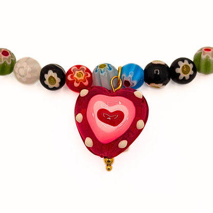 Glazen millefiori kralenketting met hart roze bedel Casa Jadel
