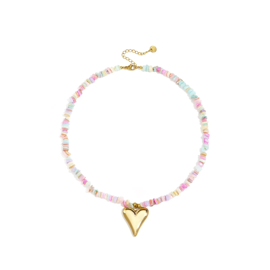 Pastelkleurige kralenketting met groot goudkleurig hart als hanger