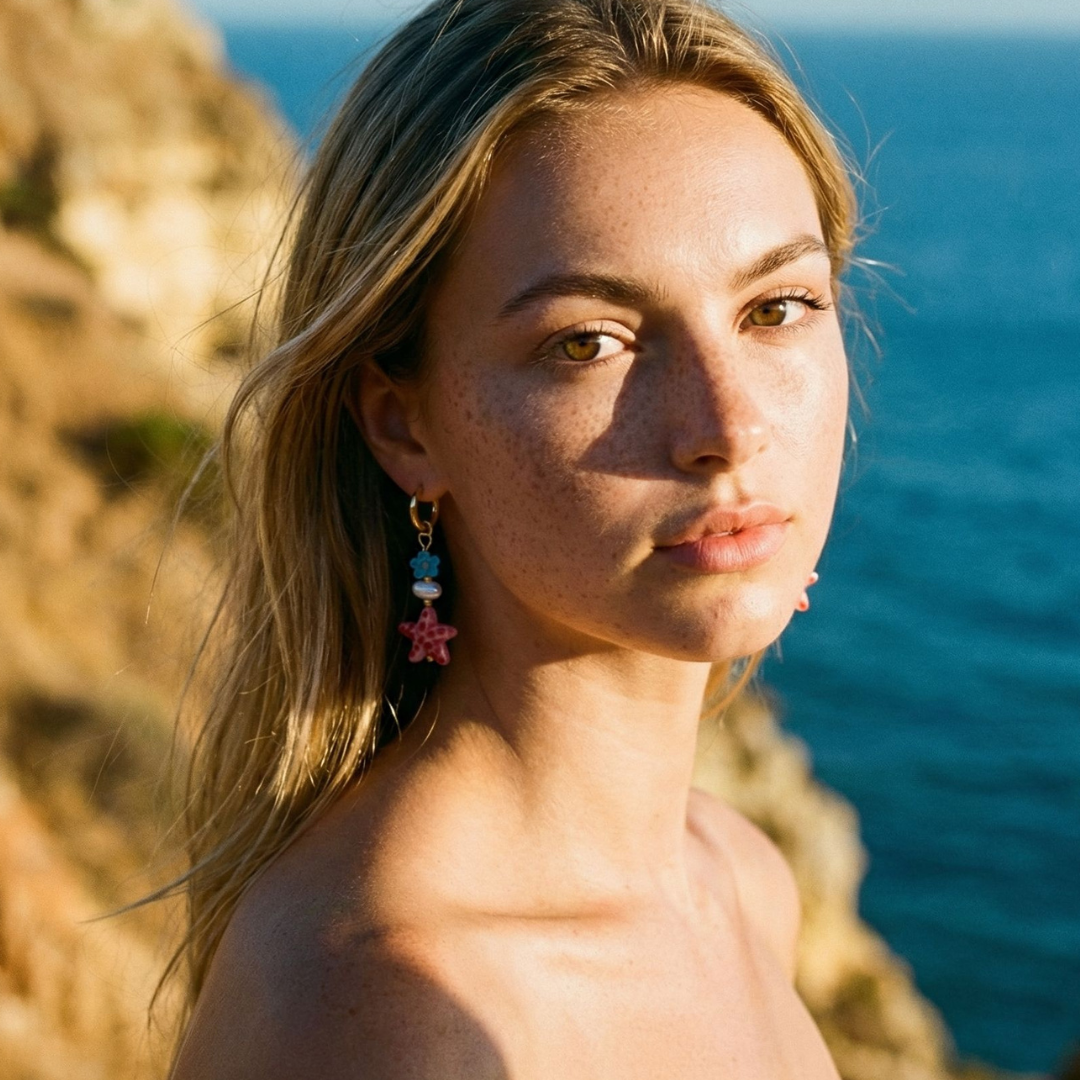 model met oorbellen met roze glazen zeester, blauw bloemetje en parelachtige kraal op een klif de zee op de achtergroen