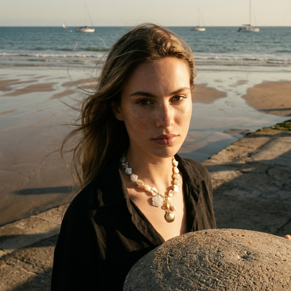 Model op het strand met schelpen kralenketting met bloem en schelp bedels