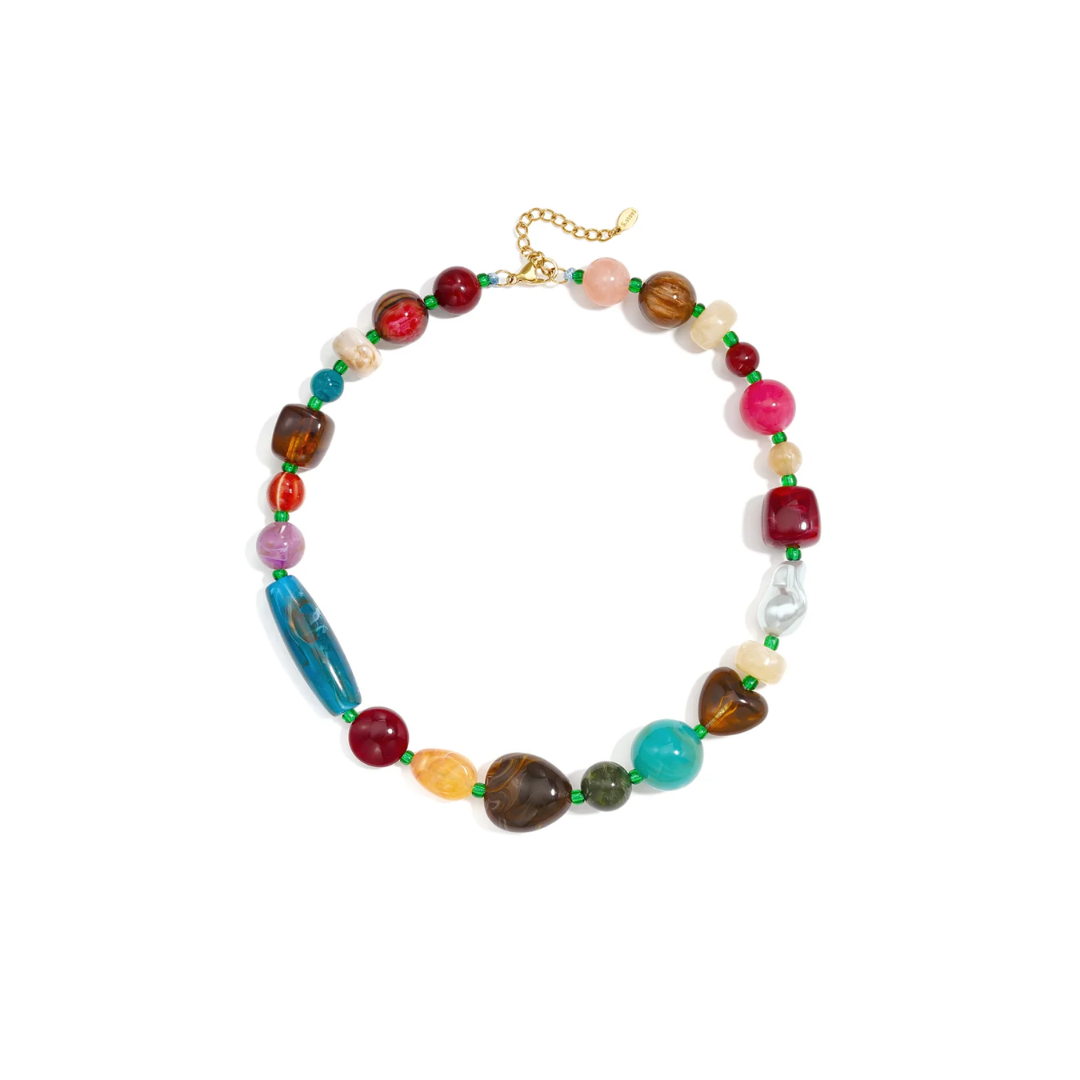 Multicolor mixed chunky kralenketting met grote turquoise, roze, burgundy en bruine kralen, groene tussenkralen en gouden sluiting