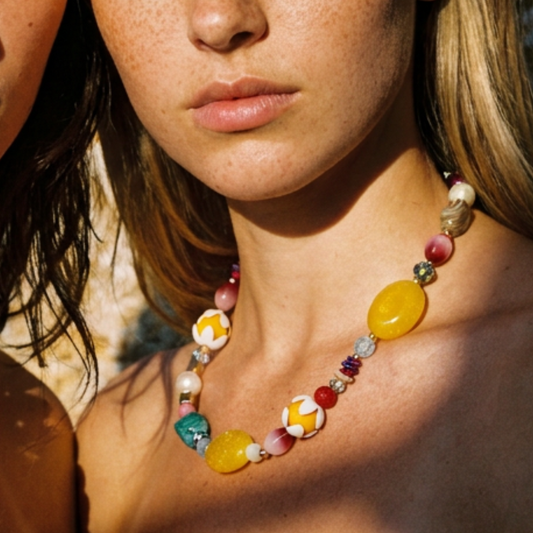 Model draagt een multicolor statement kralenketting met grote gele, roze, rode, witte en turquoise kralen van Casa Jadel
