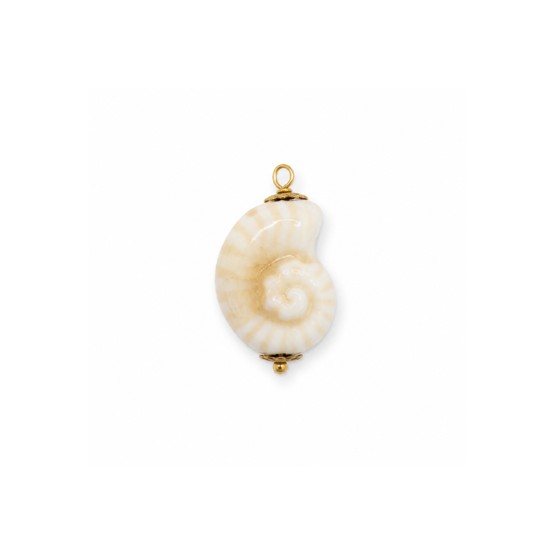 Naturel keramiek ammoniet schelp bedel met goudkleurige afwerking.