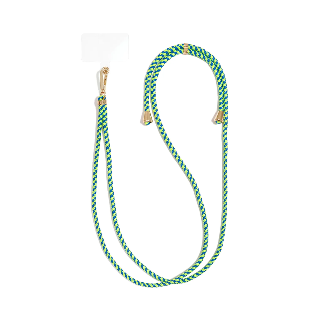 Neon geel-blauw lang telefoonkoord van gevlochten touw met goudkleurige details