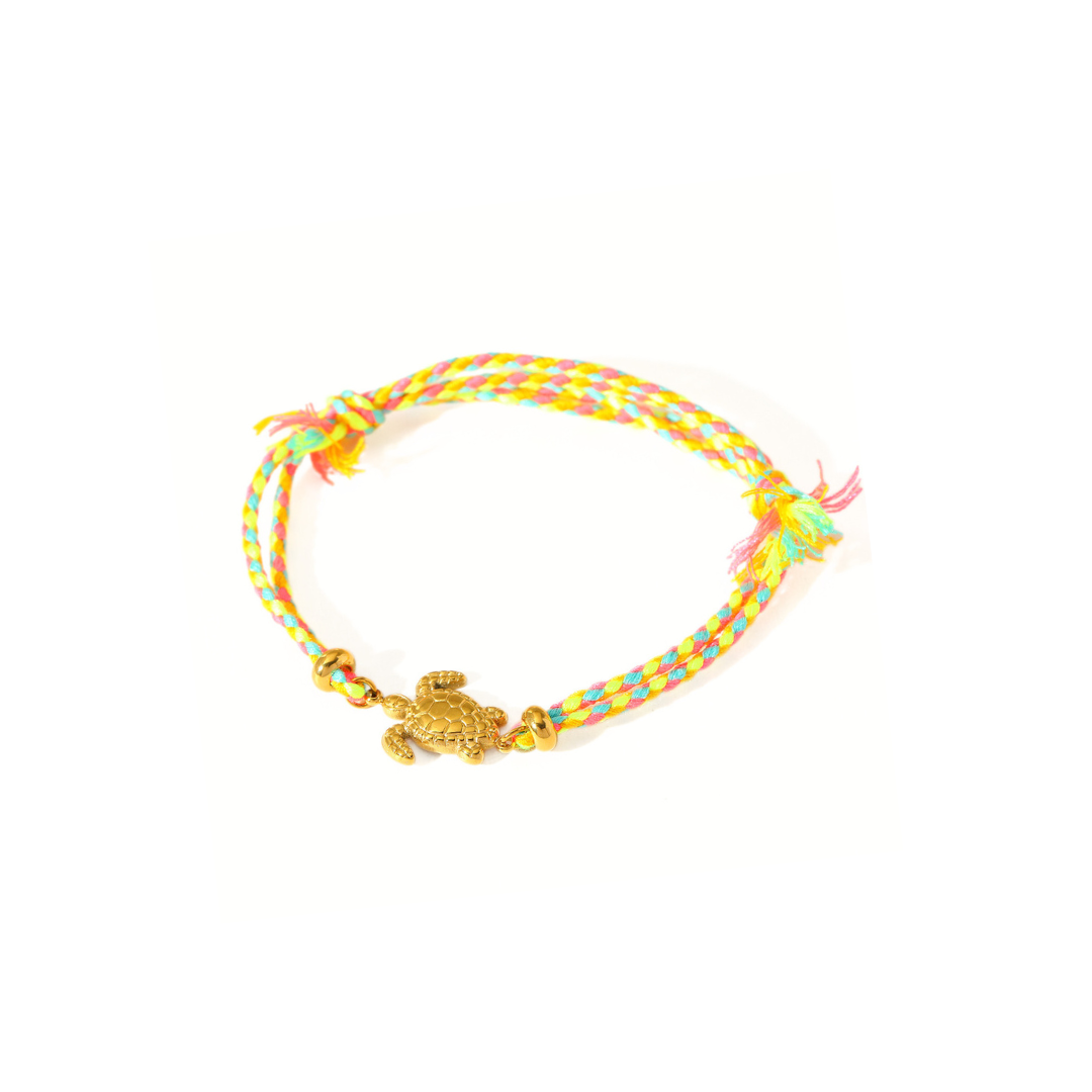 Neon rope armband met gouden schildpad in zomerse kleuren