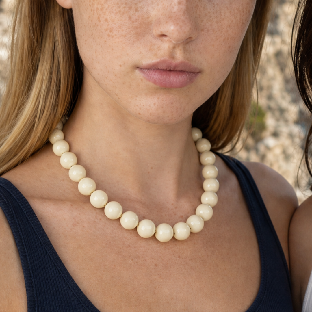 Model draagt een offwhite grote kralenketting met ronde kralen van Casa Jadel