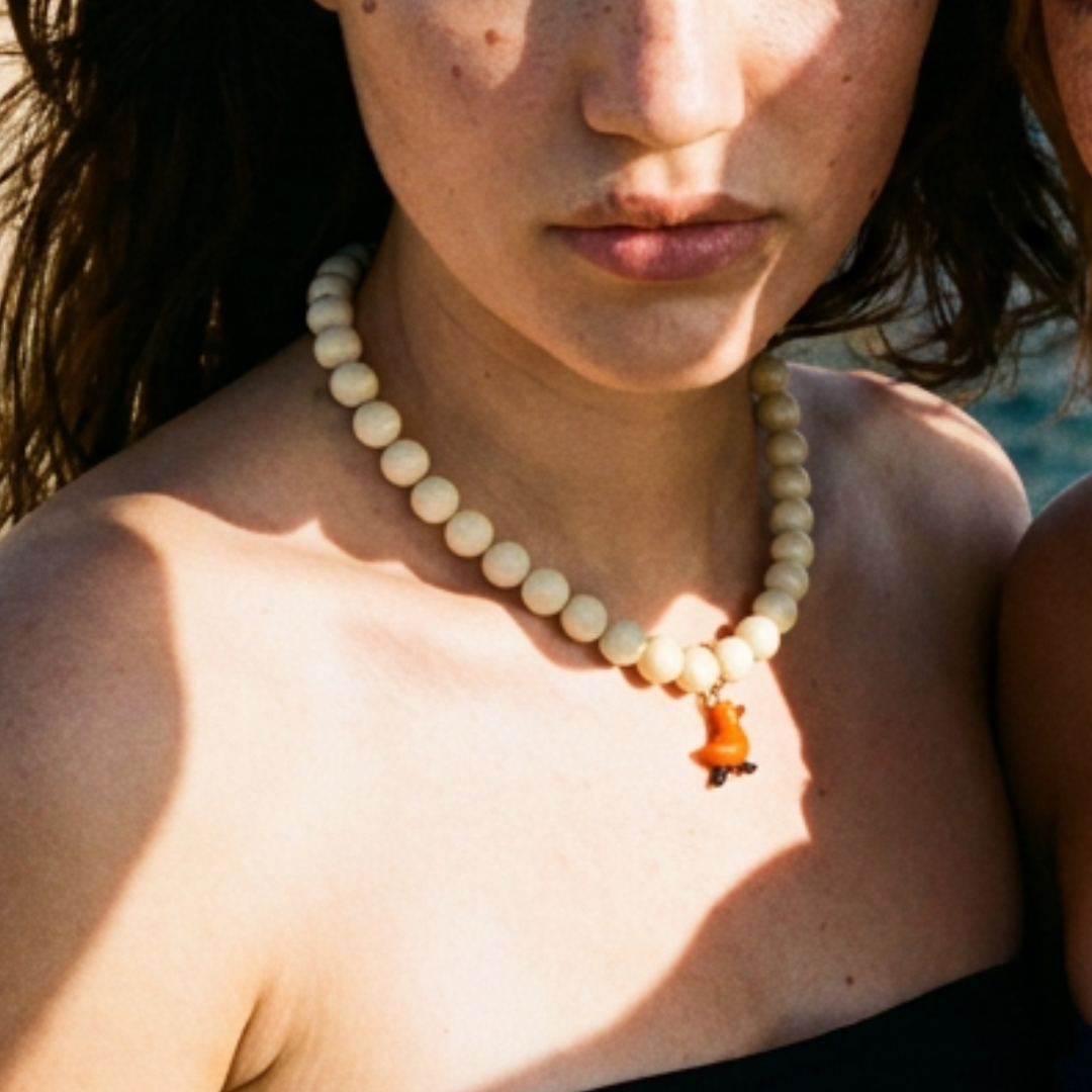 Model draagt een offwhite kralenketting met kleine oranje bedel van Casa Jadel