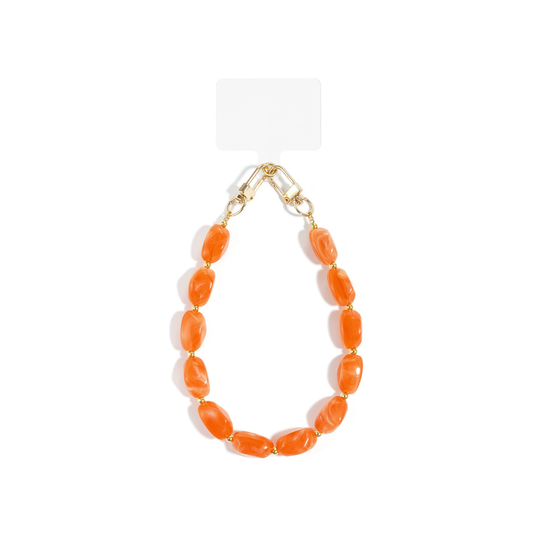 Oranje kralen telefoonkoord met goudkleurige clips en ovale kralen.