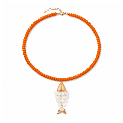 Oranje lange kralenketting met gouden parelmoer vis