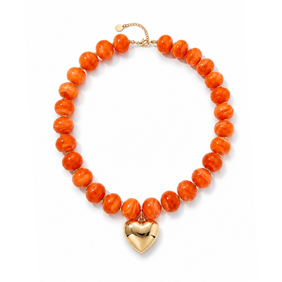 Oranje ovale marble kralenketting Tes met gouden hart