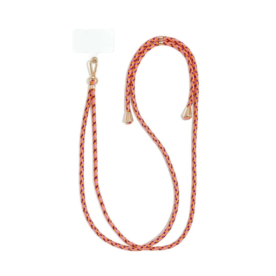 Oranje-paars lang telefoonkoord van gevlochten touw met goudkleurige clips