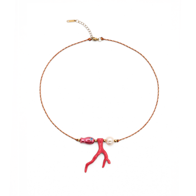 Rope ketting met zee kralen en parel oranje