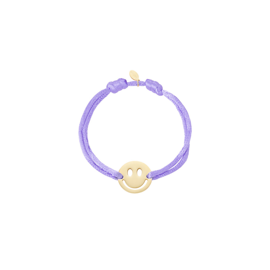 Paarse satijnkoord armband met grote gouden smiley