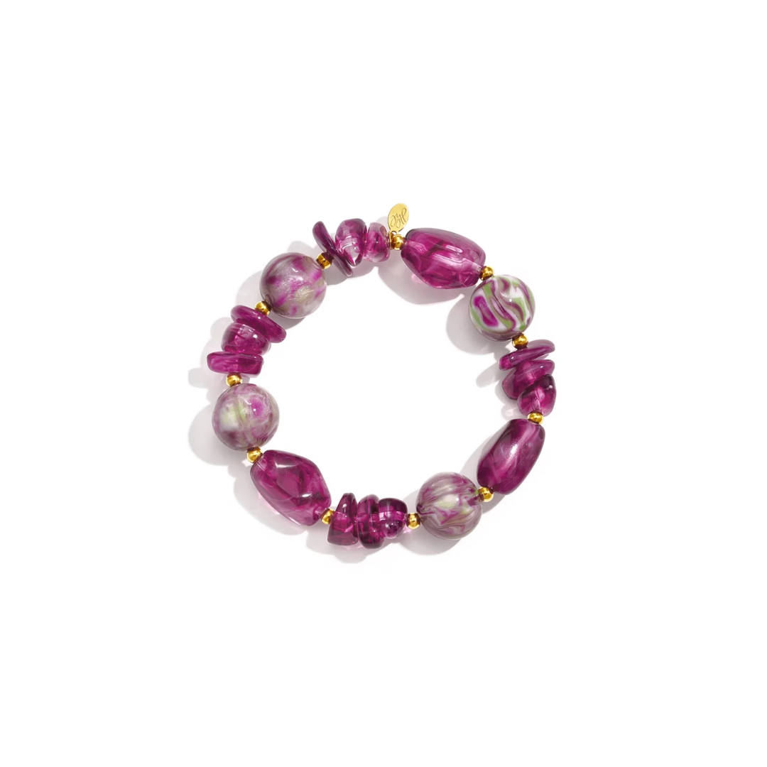 Paarse statement kralenarmband met marble kralen en gouden details