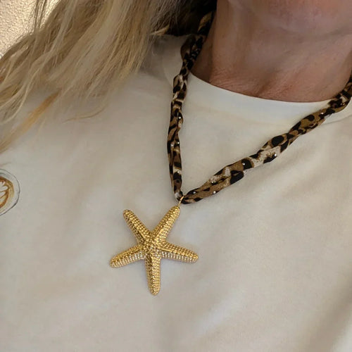 Ketting panterprint stof met gouden statement zeester