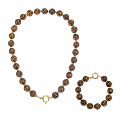 Panterprint kralen ketting en armband set met goudkleurig boeislot in Ibiza style
