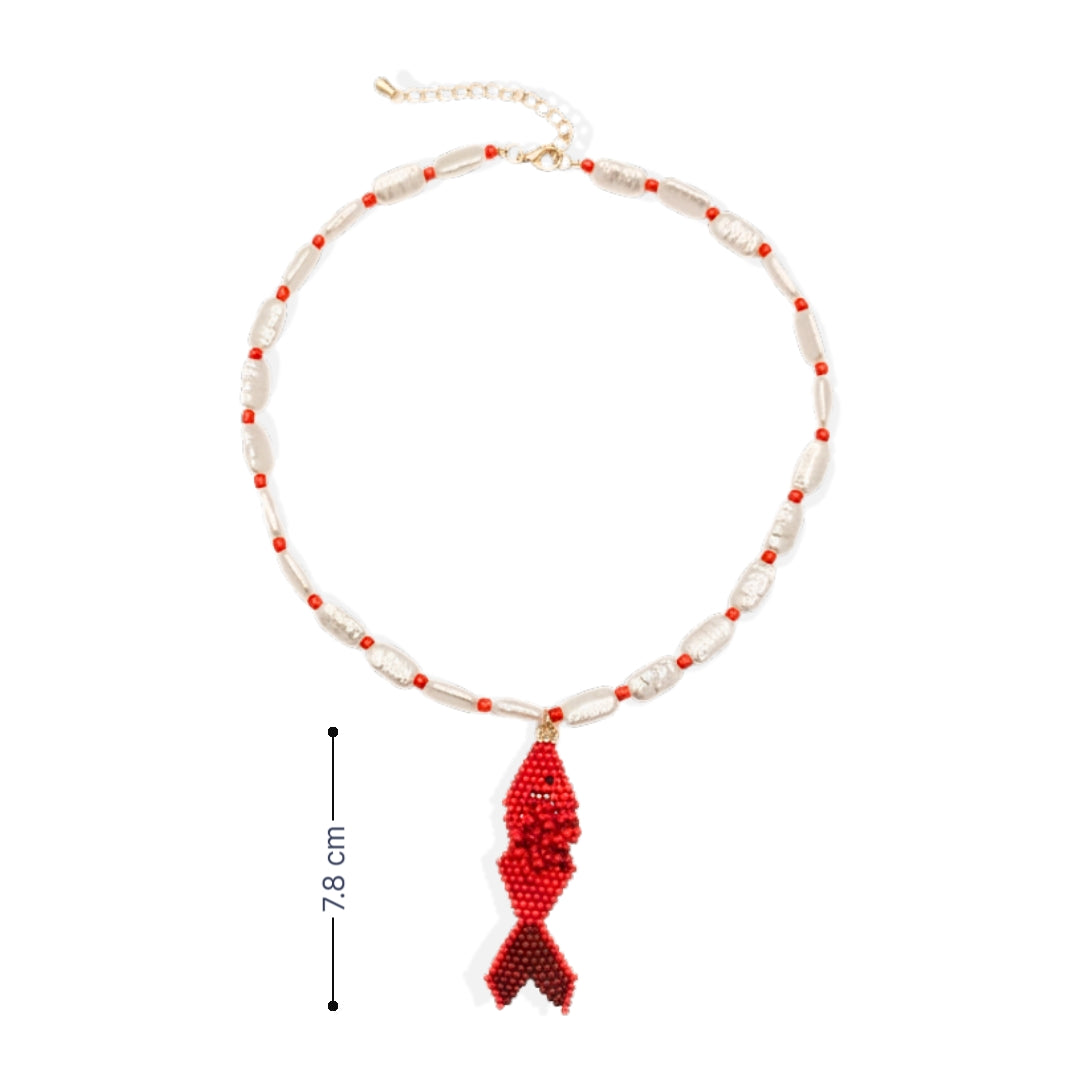 Parelmoer ketting dames met rode vis hanger en rode details Ibiza stijl afmeting