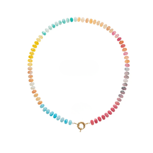 Pastel gekleurde glazenkralen ketting met goudkleurig boeislot voor dames.