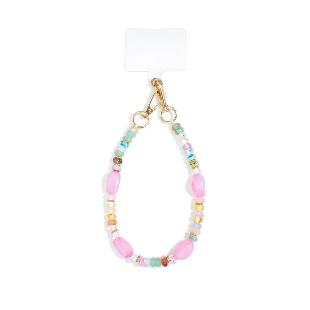 Pastel telefoonkoord met roze, mintgroene, gele en lichtblauwe kralen van Casa Jadel