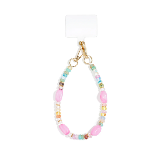 Pastel telefoonkoord met roze, mintgroene, gele en lichtblauwe kralen van Casa Jadel