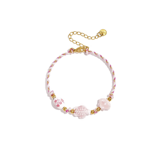 Roze touw armbandje schildpadje en schelpje