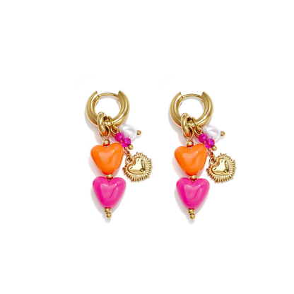 Gouden oorringetjes oranje roze hartjes