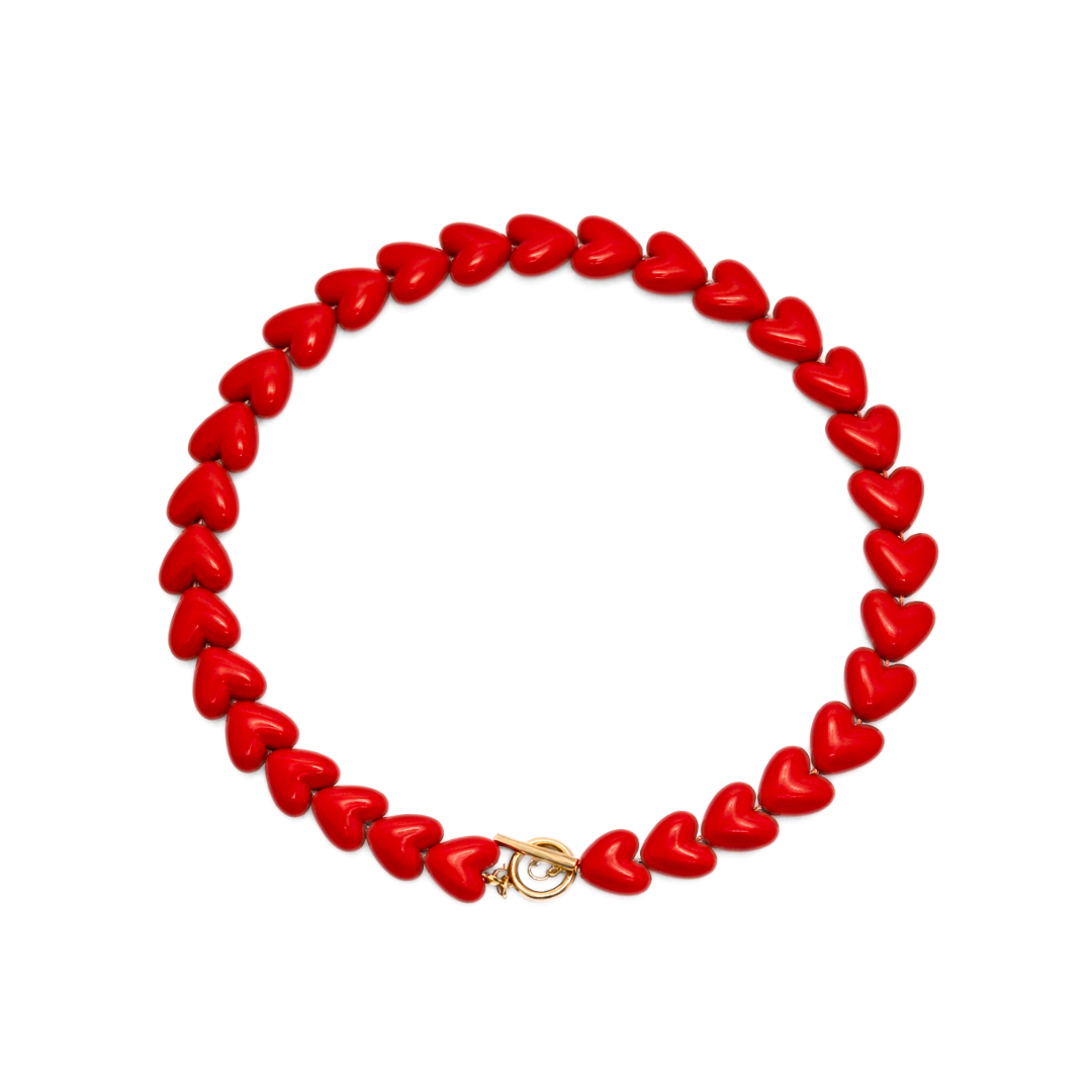 Rode hartjes kralenketting met gouden frontsluiting Ibiza style dames ketting Casa Jadel