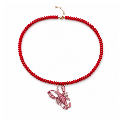Rode lange kralenketting met roze metallic kreeft bedel van Casa Jadel
