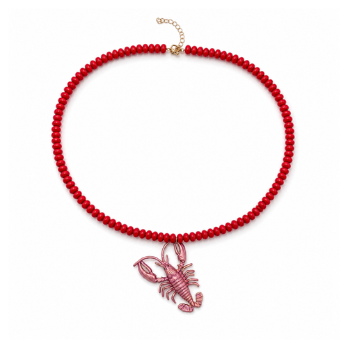 Rode ovale lange kralenketting met roze kreeft