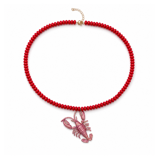 Rode lange kralenketting met roze metallic kreeft bedel van Casa Jadel