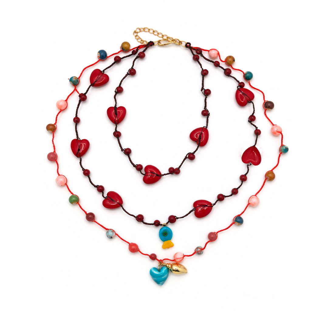 Rode layer rope ketting met hartjes en kleurrijke kralen dames Casa Jadel