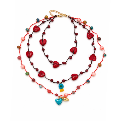 Rode layer rope ketting met hartjes en kleurrijke kralen dames Casa Jadel