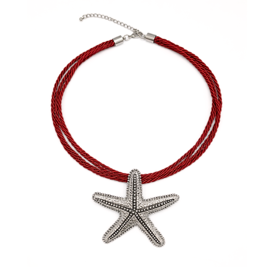 Rode rope ketting met grote zilveren zeester hanger en verstelbare sluiting
