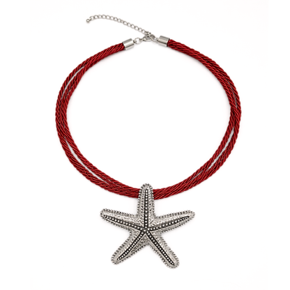 Rode rope ketting met grote zilveren zeester hanger en verstelbare sluiting