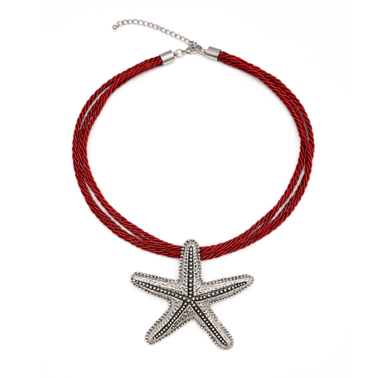 Rode rope ketting met grote zilveren zeester hanger en verstelbare sluiting