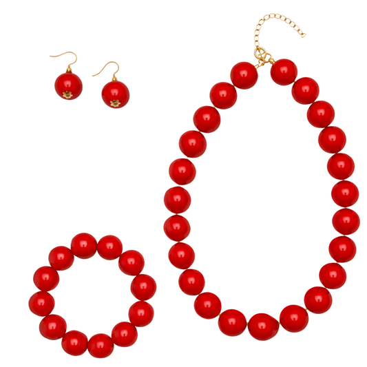Rode statement kralenset met ketting armband en oorbellen
