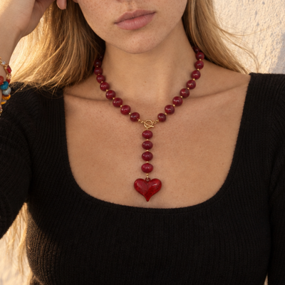 Rode y lijn kralenketting met marble hart