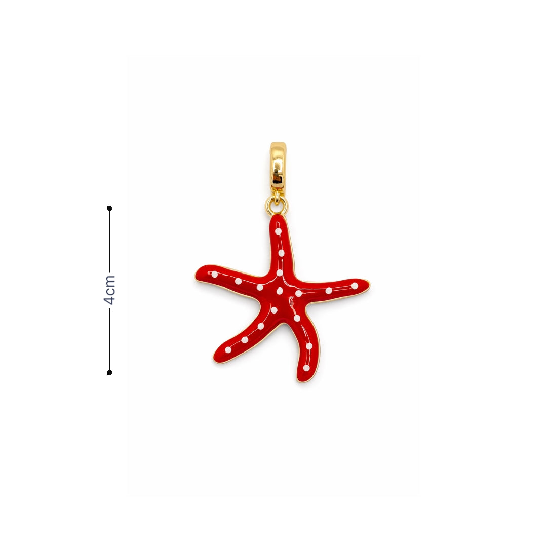 Handgeschilderde rode zeester bedel met witte stippen en goudkleurige hanger afmeting