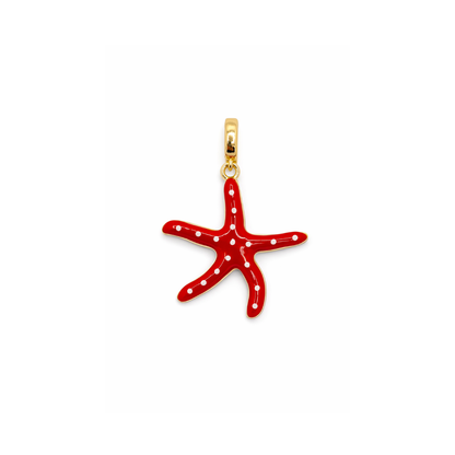 Handgeschilderde rode zeester bedel met witte stippen en goudkleurige hanger.