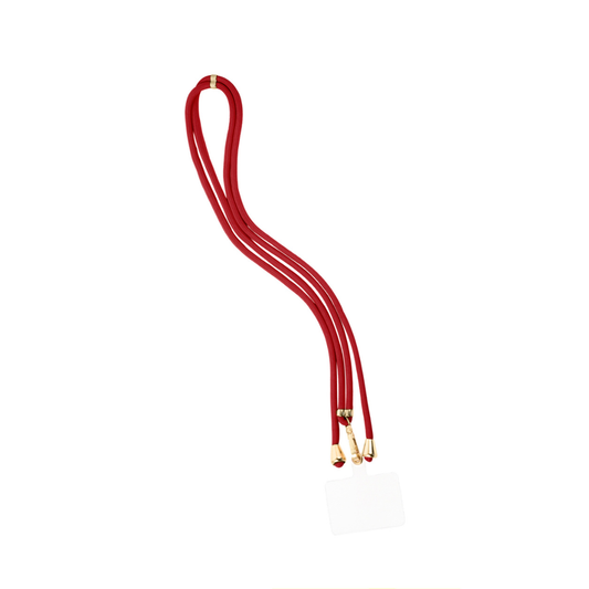 Rood lang telefoonkoord rope met goudkleurige details en crossbody draagfunctie